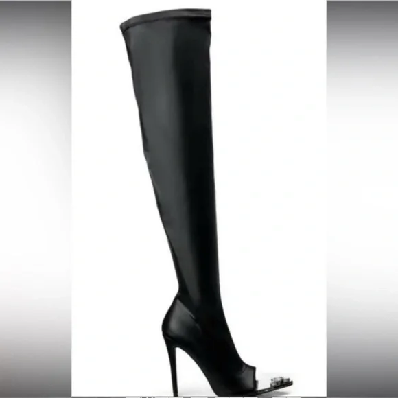 Azalea Wang “Clover” Over-the-Knee Peep-Toe Boots Size 9 Black - Picture 6 of 6